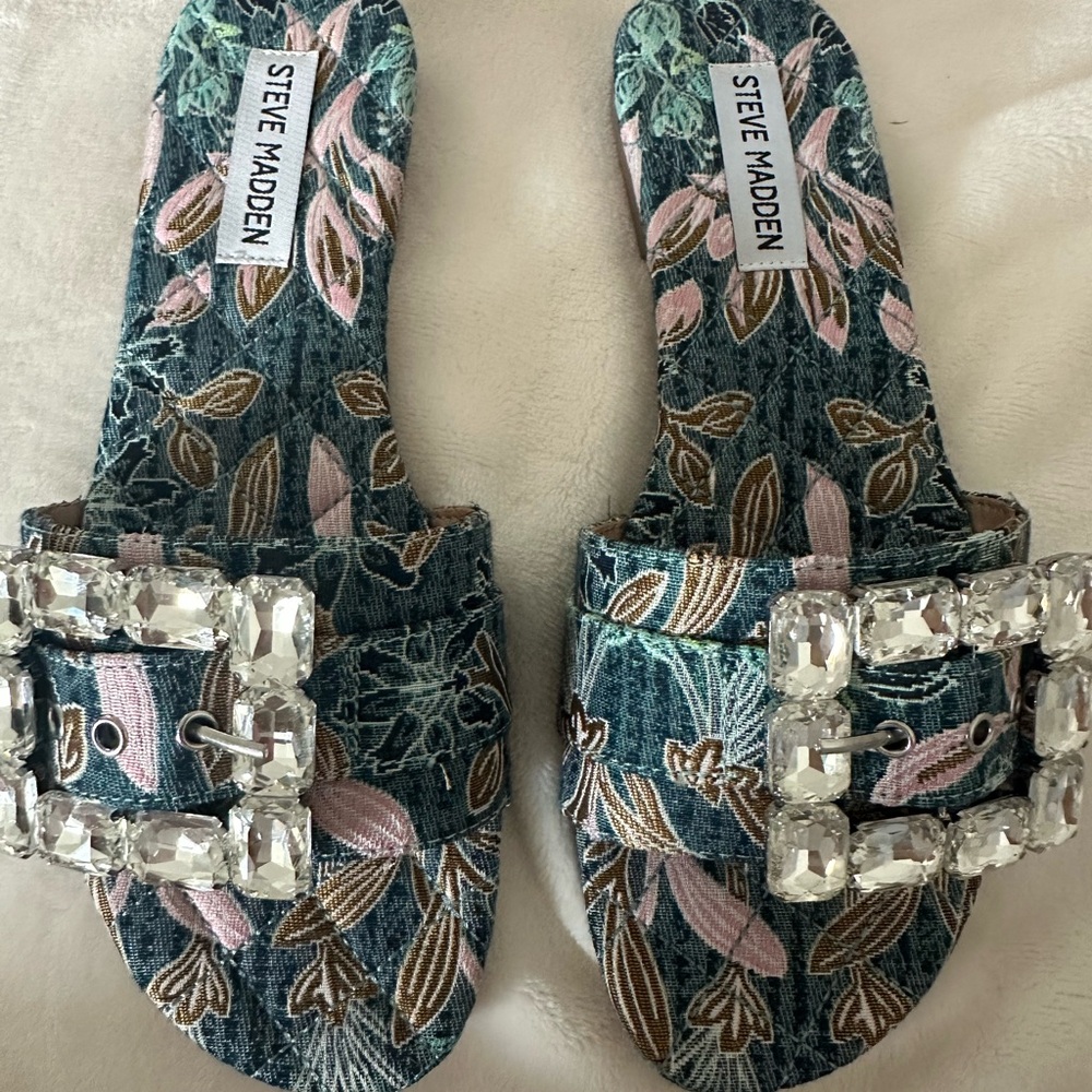 Steve Madden Floral Embellished Women's Slides - Blue and Pink New with Box